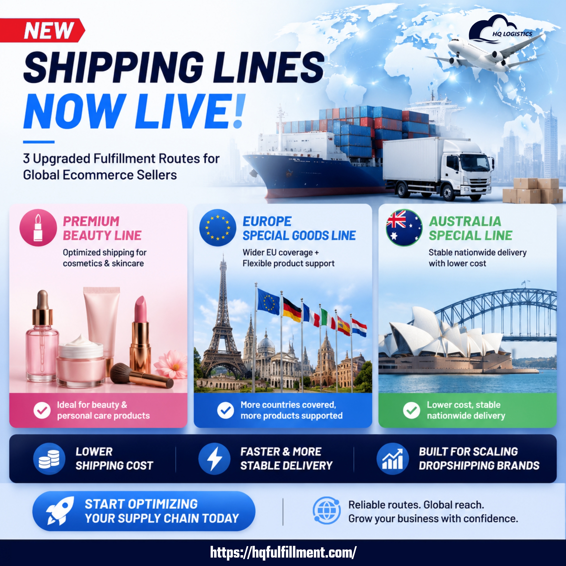 new shipping lines | ecommerce shipping solutions | Europe fulfillment | Australia fulfillment | beauty product shipping | special goods shipping | Shopify fulfillment | China logistics | global ecommerce shipping | cross-border fulfillment